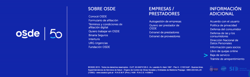 Footer de la web de OSDE Formulario para darse de baja de la prepaga