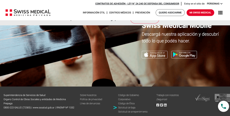 Footer de la web de Swiss Medical Formulario para darse de baja de la prepaga